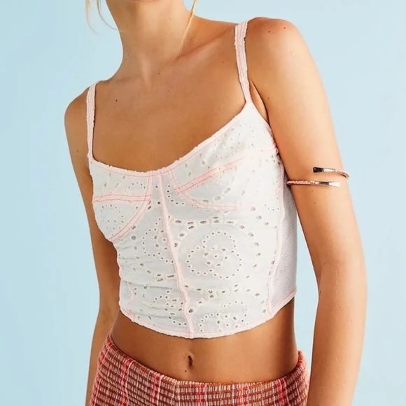 Free People Eyelet Corset Cami White Top Peach Topstitching Accent Size XS and S - Picture 1 of 10